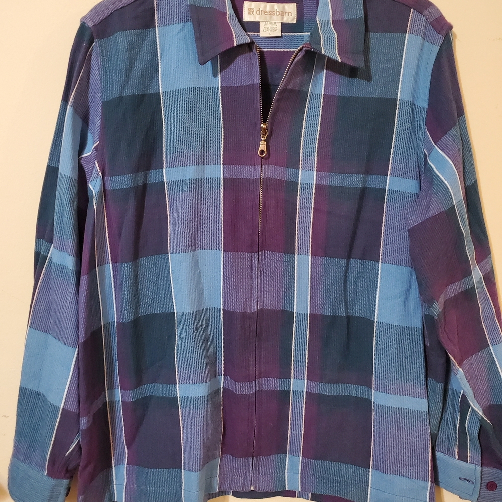 Vintage Buffalo Plaid Shacket Blue Purple Plaid Full Zip Textured Overshirt